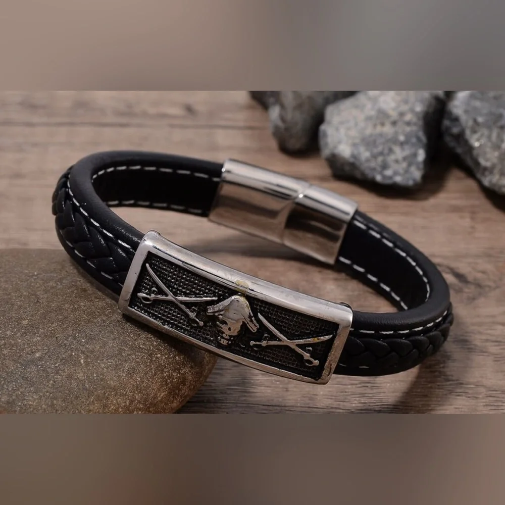 Stainless Steel and Braided Leather Pirate Sword Bracelet 8 inches Men Women